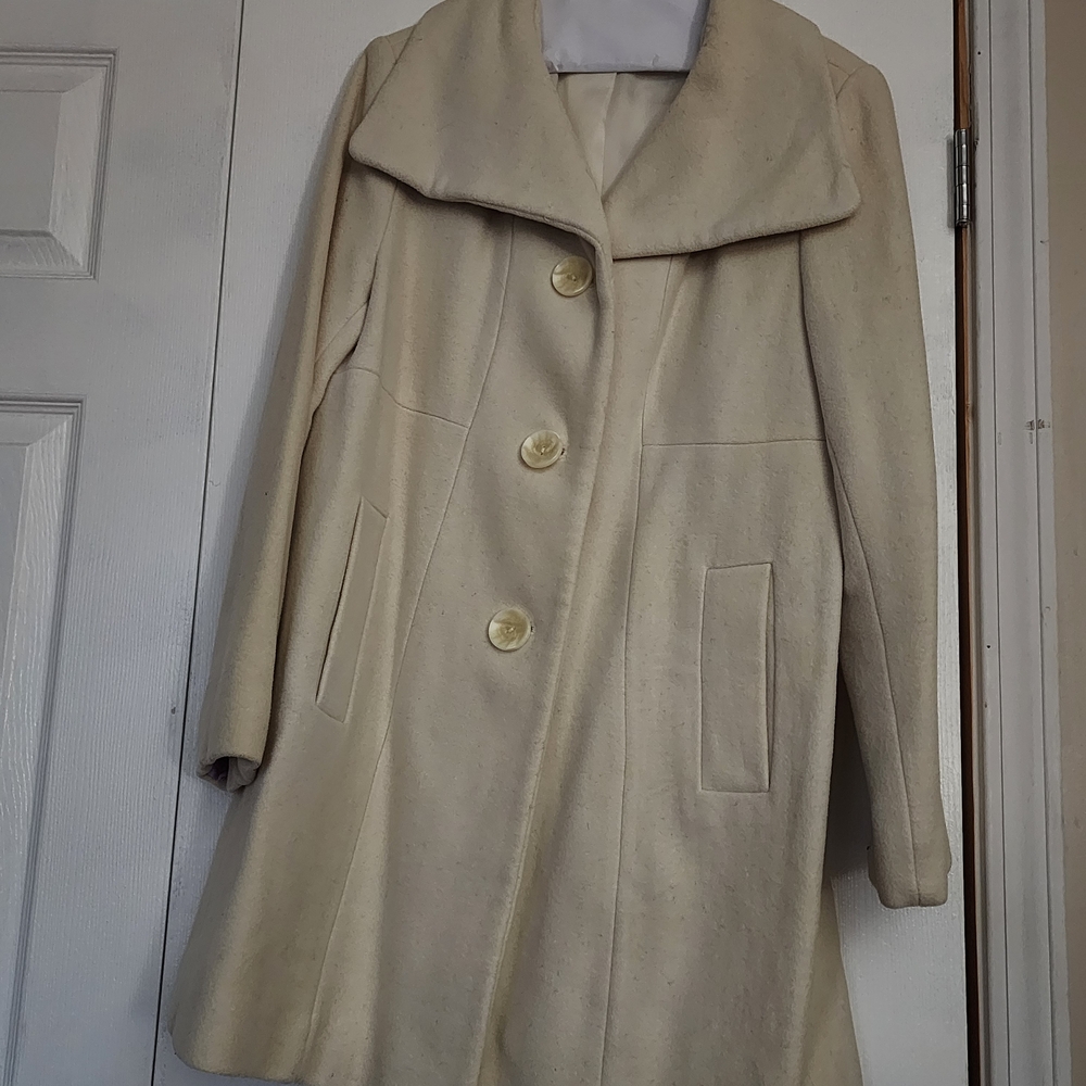 Anne Klein Cream Pea Coat with Wide Collar